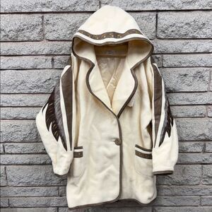 Vintage Cream and Brown 100% Wool Hooded Women's Eagle Coat Handpainted